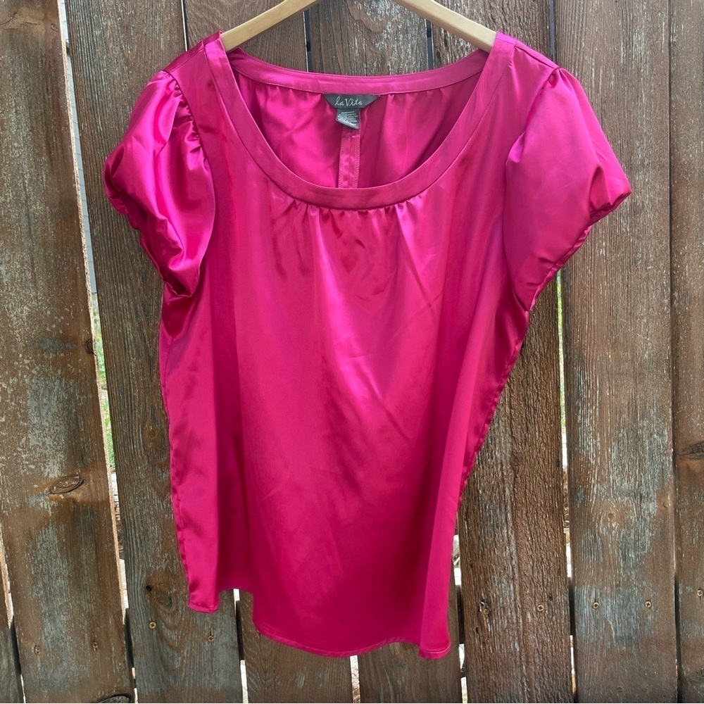 LA VITA Women’s Pink Satin Round Neck Cap Sleeve Blouse Size Large